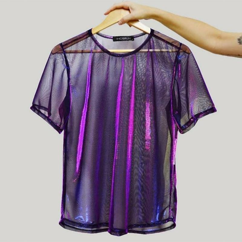 INCERUN S-5XL мужские повседневные футболки, уличная одежда, прозрачные топы со вспышкой, блестящие футболки с короткими рукавами для вечеринок, ночного клуба