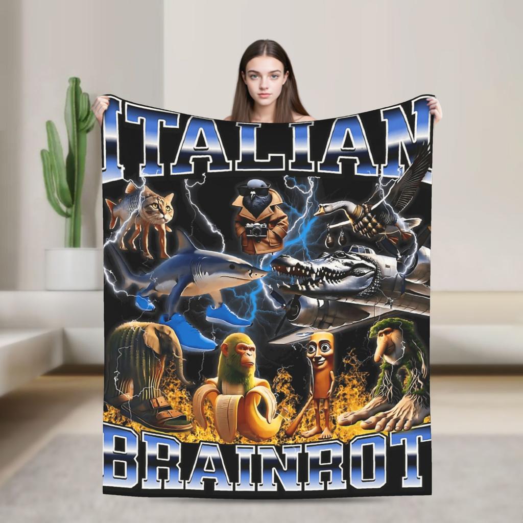 Смешное итальянское одеяло 'Brainrot' Мягкое теплое уличный тренд Плюшевое постельное белье Пледы для домашнего декора Пикника Фланелевое покрывало Покрытие для кровати