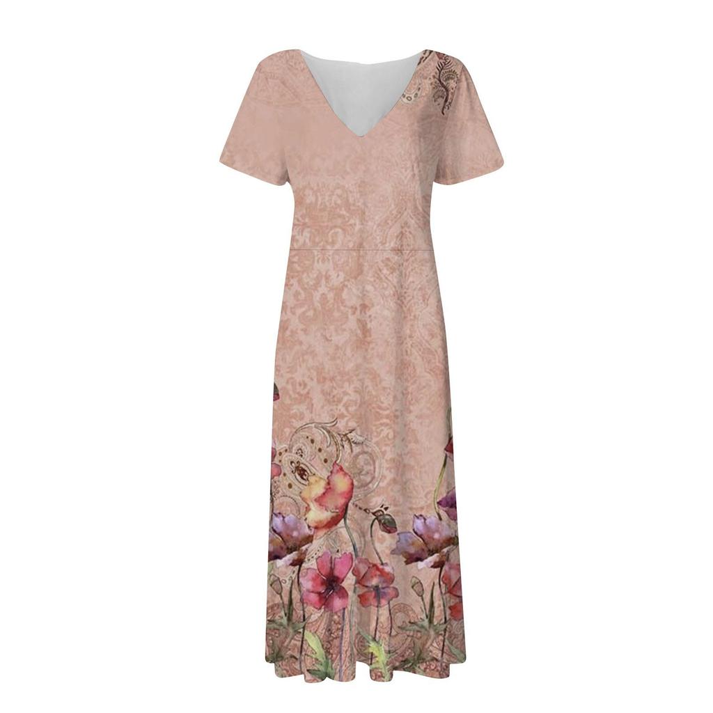 Women's Summer Casual Fashion Retro Print Short Sleeve V-Neck Swing Dress