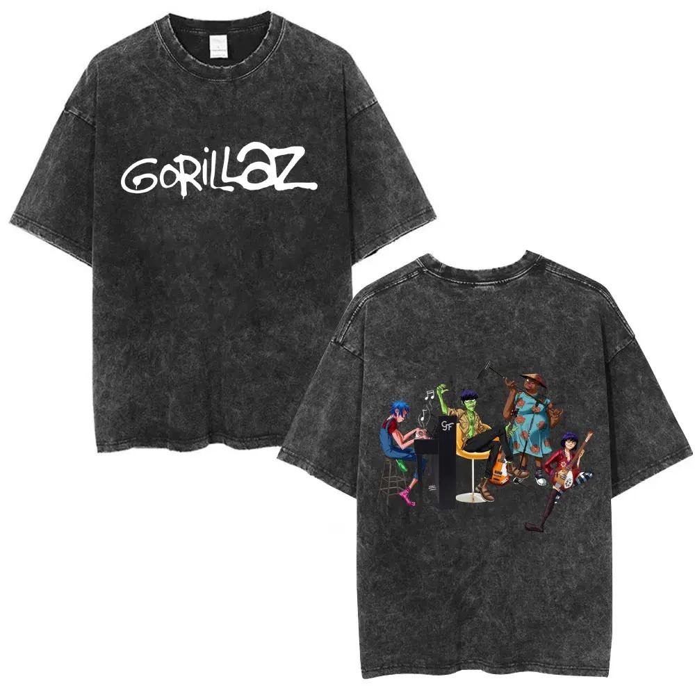 British Classic Virtual Band Gorillaz Poster Tshirt Men Women Streetwear Hip Hop Vintage Washed Cotton Top Oversized Summer Tee