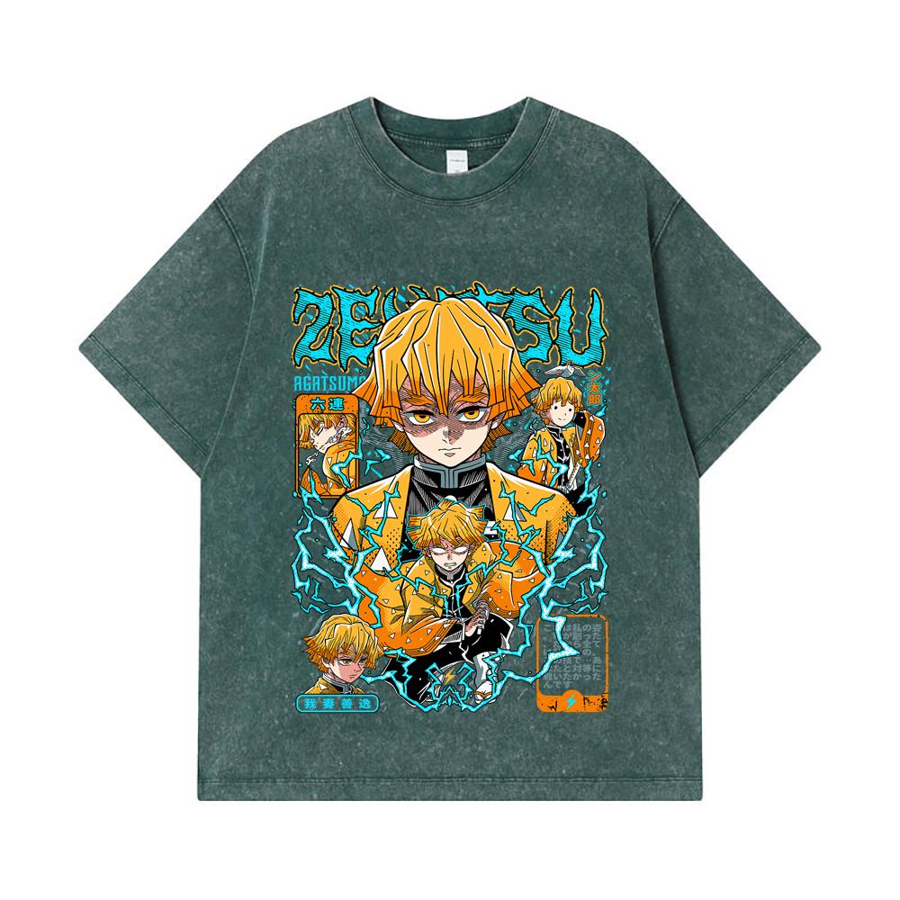 275 GSM Washed T-shirts 100% Cotton Demon Slayer V100 Zenitsu Print Unisex Heavy Cotton T Shirt