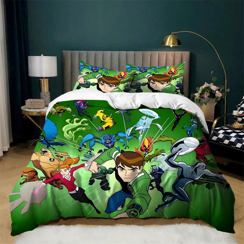 Cartoon Ben 10 Duvet Cover Set Ultra Soft Breathable Bedding Set Queen Size Lightweight Duvet Cover with 2 Pillow Cases