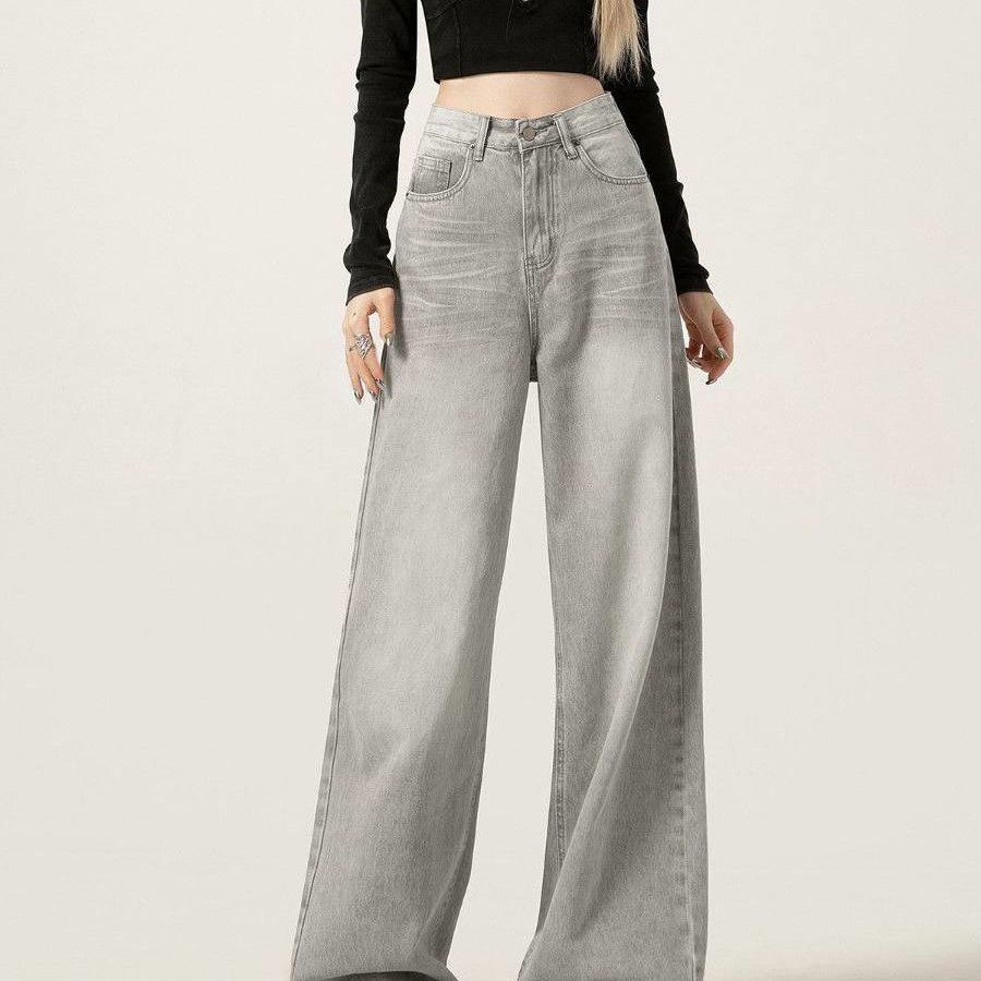 Women's Plus Size Light Gray Wide-Leg High Waist Jeans - Slimming, Loose Fit for Spring & Autumn