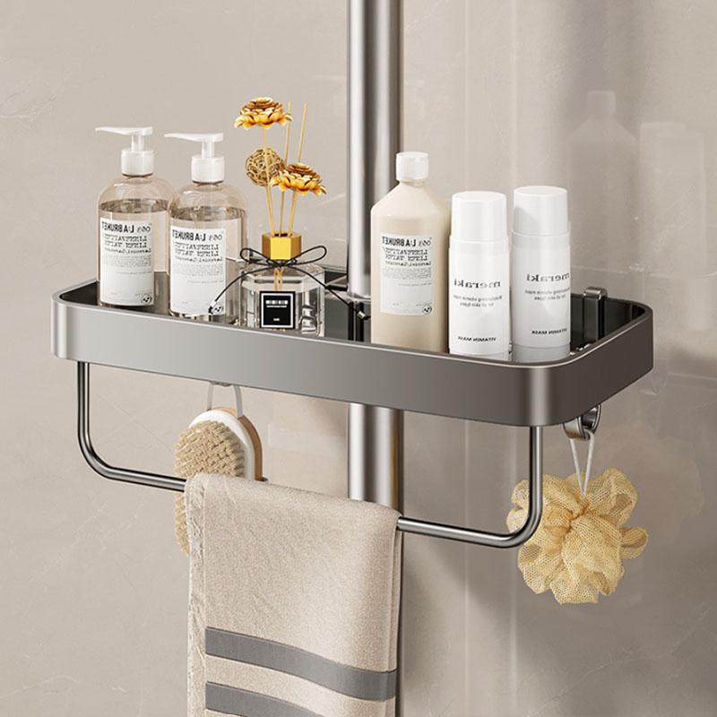 Bathroom Shower Storage Rack Lifting Rod Shower Gel Shampoo Organizer No Drilling Aluminum Alloy Holder With Hooks Premium Quality