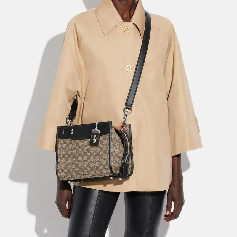 COACH Rogue 25 classic old flower jacquard zipper closure fabric and glove-tanned leather shoulder crossbody tote medium women's gray and black