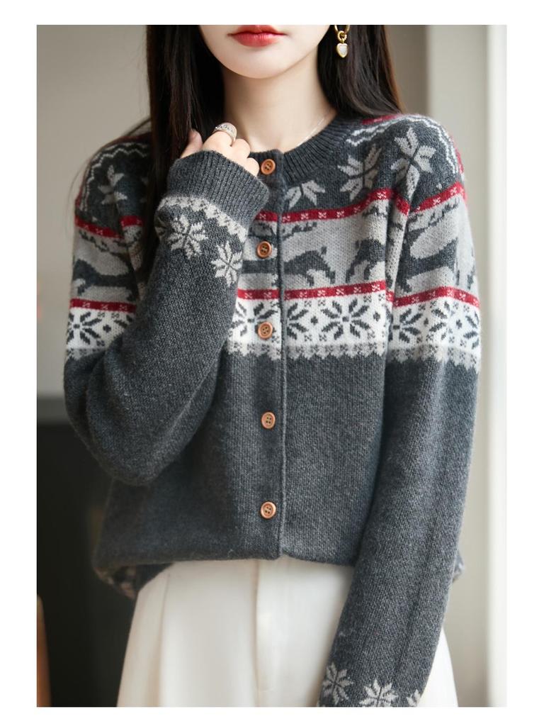 Женский вязаный кардиган в стиле Fair Isle - Свободный свитер-пальто с длинным рукавом для осени/зимы 2025