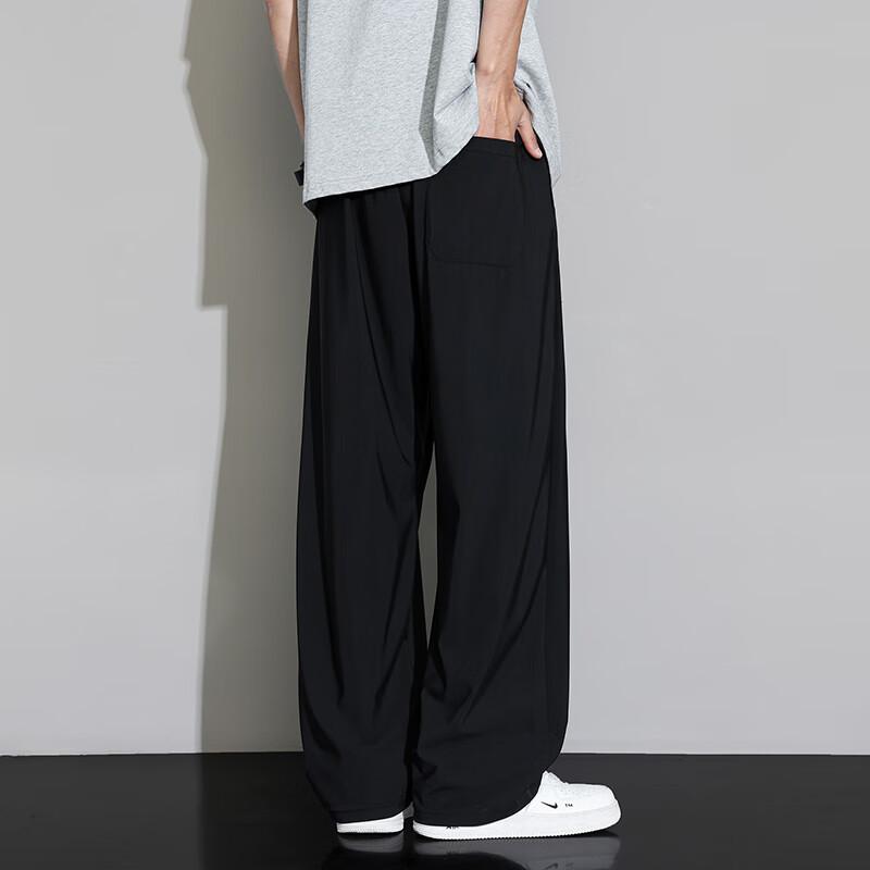 POUM Ice Silk Straight-Leg Pants for Men, Spring And Summer Loose-Fit Sports Breathable Cool Quick-Dry Draping Trousers 2529 Black M