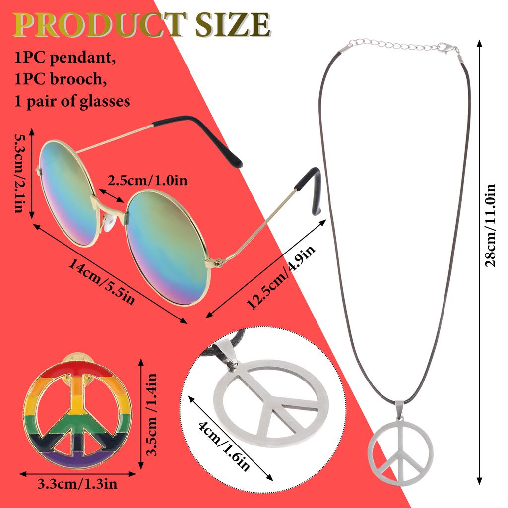 11 шт., аксессуар для костюма хиппи, ожерелье со знаком мира, очки, повязки на голову, парик 60S 70S