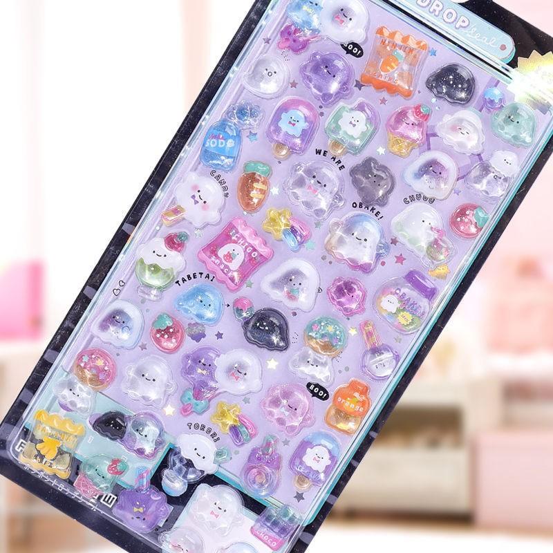 4 Sheets Cartoon Animal Ghost Rabbit Aesthetic Decals 3D Relief Jelly Stickers Diy Phone Case Diary Stationery Sticker Decor