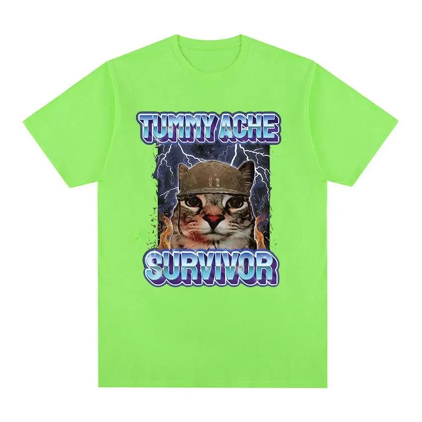 Vintage Tummy Ache Survivor Funny Cat Meme Tee Shirt Unisex Unisex Clothing Fashion Short Sleeve Tshirt Casual Pure Cotton T Shirts