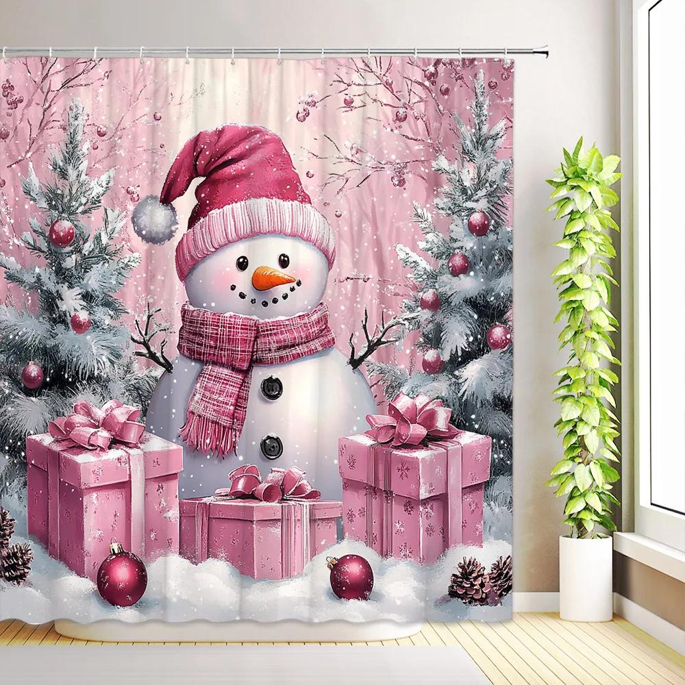 JY01Christmas Cute Snowman Shower Curtains Santa Claus Winter Snowflake Snow Scenery Cedar Reindeer Xmas Bathroom Decor With H@1