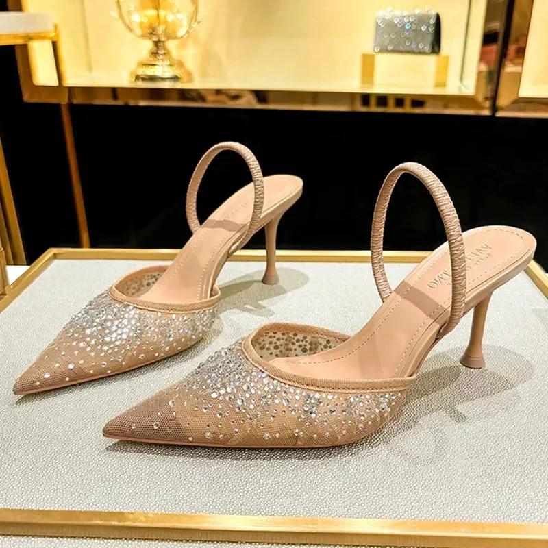 Fashion Luxury Designer Shiny Rhinestone Mesh Heeled Sandals Women Summer Sexy Pointed Toe Slingbacks Thin High Heels Elegant Dress Shoe