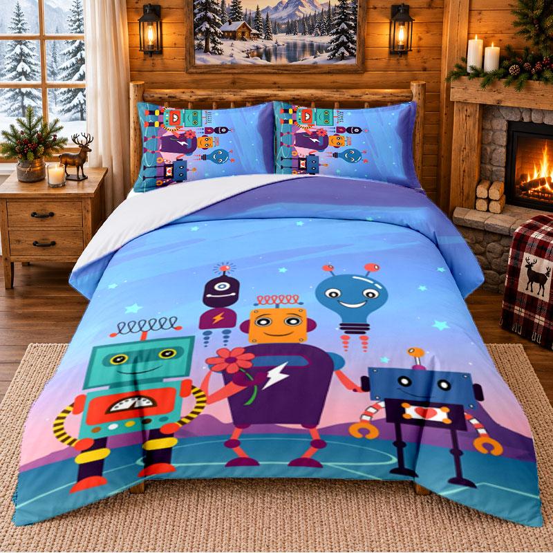 Robot Pattern Bedding 3Pcs Set Bed Sheet And Pillowcases For Indoor Bedroom