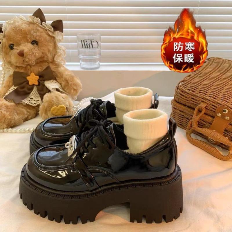 Осенние туфли на платформе из маленькой кожи, женские новые, на толстом каблуке, увеличивающие рост, черные, на шнуровке, хлопковые туфли