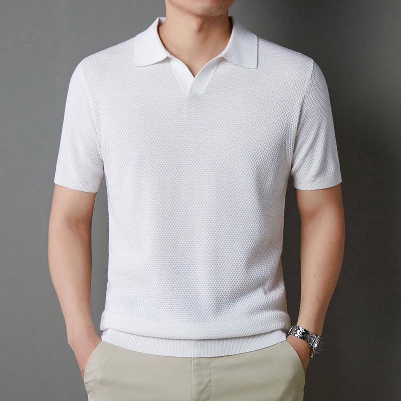 Mens Cotton V Neck Short Sleeve Casual Knit Polo Shirt