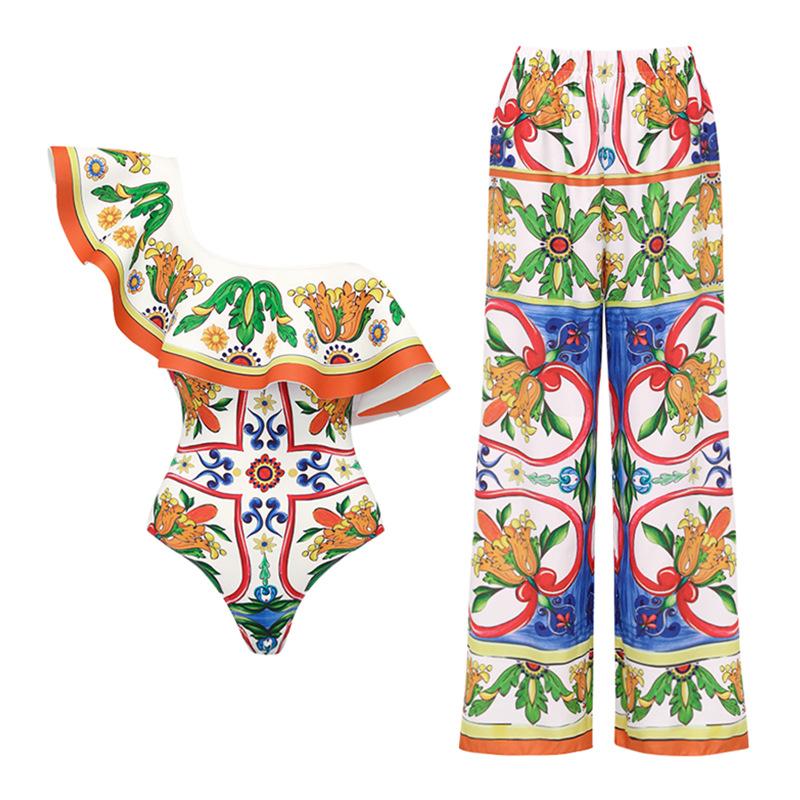 1011 European and American new printed straps split swimsuit women's high-waisted bikini suit skirt