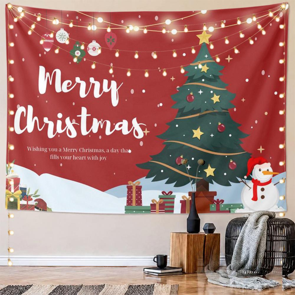Merry Christmas Wall Tapestry, Xmas Tree Snowman Gifts String Lights Flat Holiday Poster for Living Room Party Winter Decor
