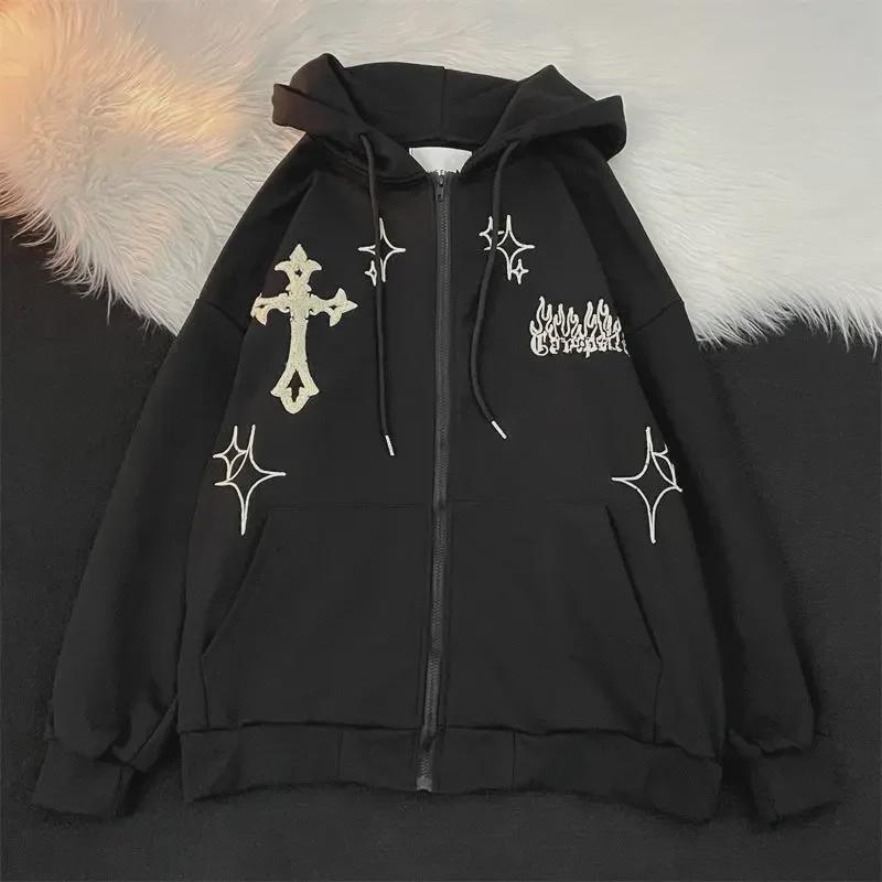 Cross Flame Embroidered Retro Hip Hop Unisex Cardigan Jacket