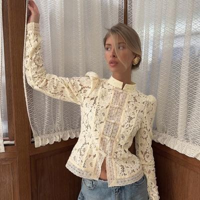 Hollow Out See-Through Blouse Long Sleeves Women Shirt Tops Fashion Lace Printed Shirts  Spring