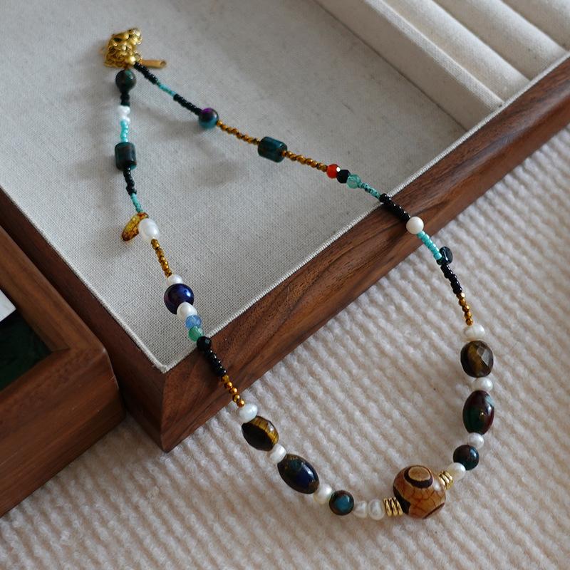 Ожерелье из бисера «Тигровый глаз» с овальным узором Майяра, цепочка для свитера премиум-класса из титановой стали, винтажный кофейный оттенок, натуральный камень, ключичная цепочка