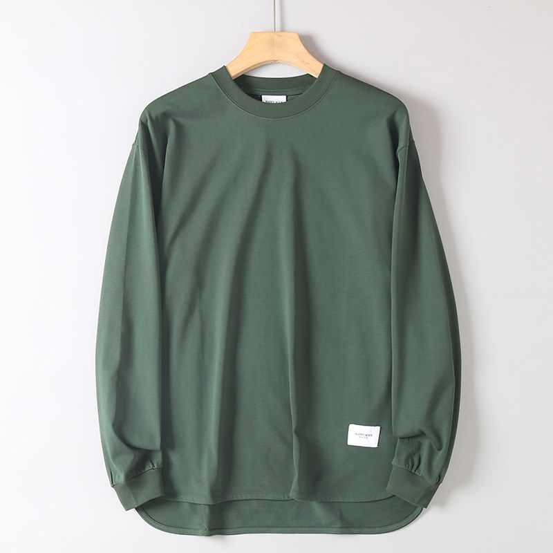 Foreign Trade Surplus Japanese Retro Washed Cotton Round Neck Long Sleeve T-Shirt for Men, Autumn Solid Color Loose Base Shirt