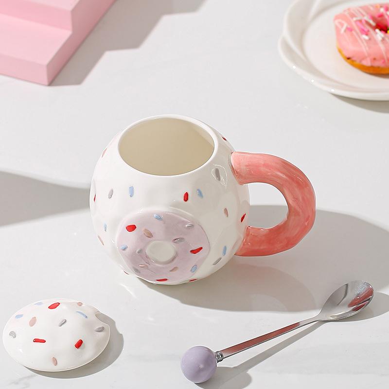 Милый пончик с крышкой, ложкой, керамическая чашка, высокая стоимость, большая емкость, кружка, хозяйственный набор, открывающийся сувенир, подарок