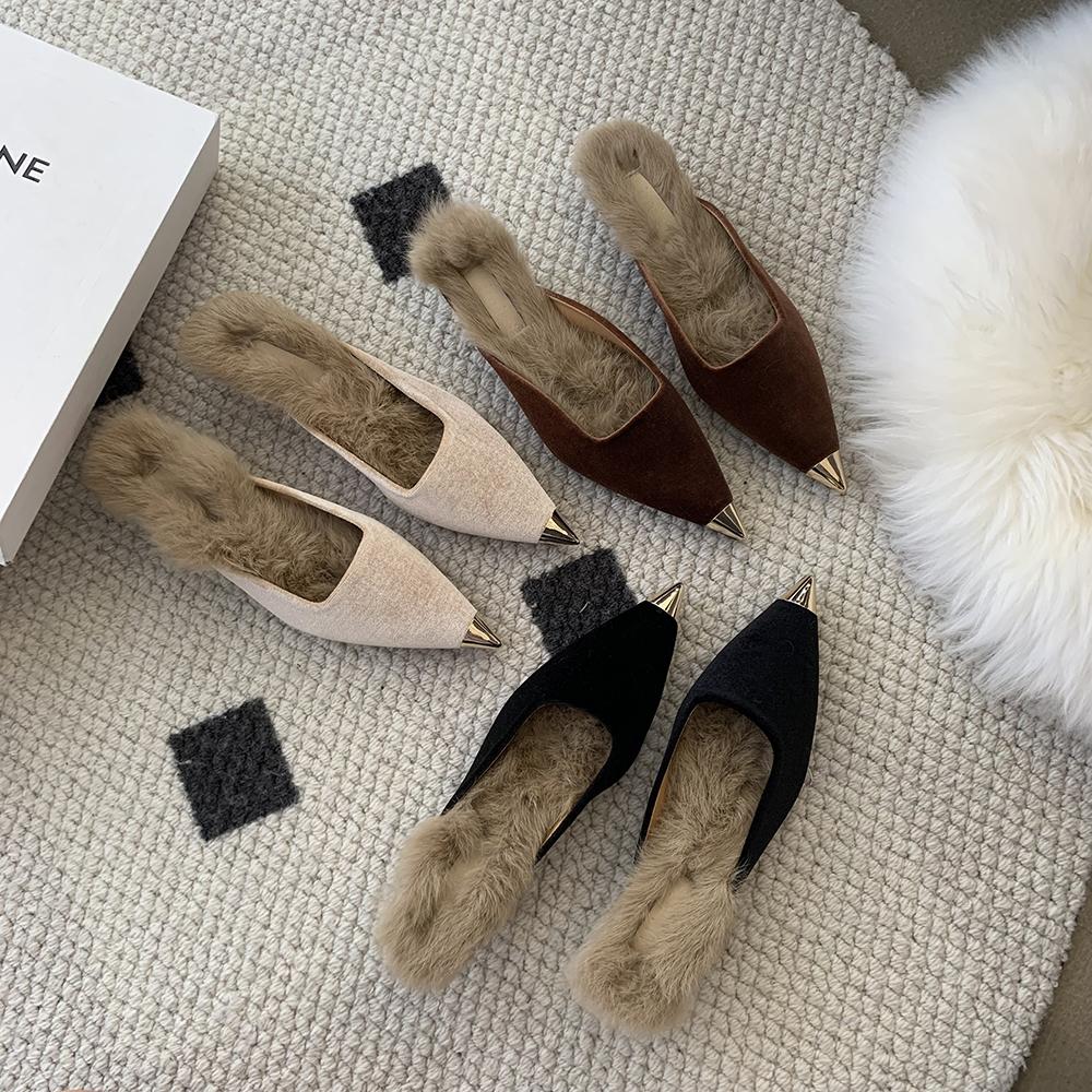Fashion Flock Women Slides Slippers Pointed Toe Outside Slides Thin Low Heels Beige Brown Black 2024 New Arrivals Casual Dress Sheos 39