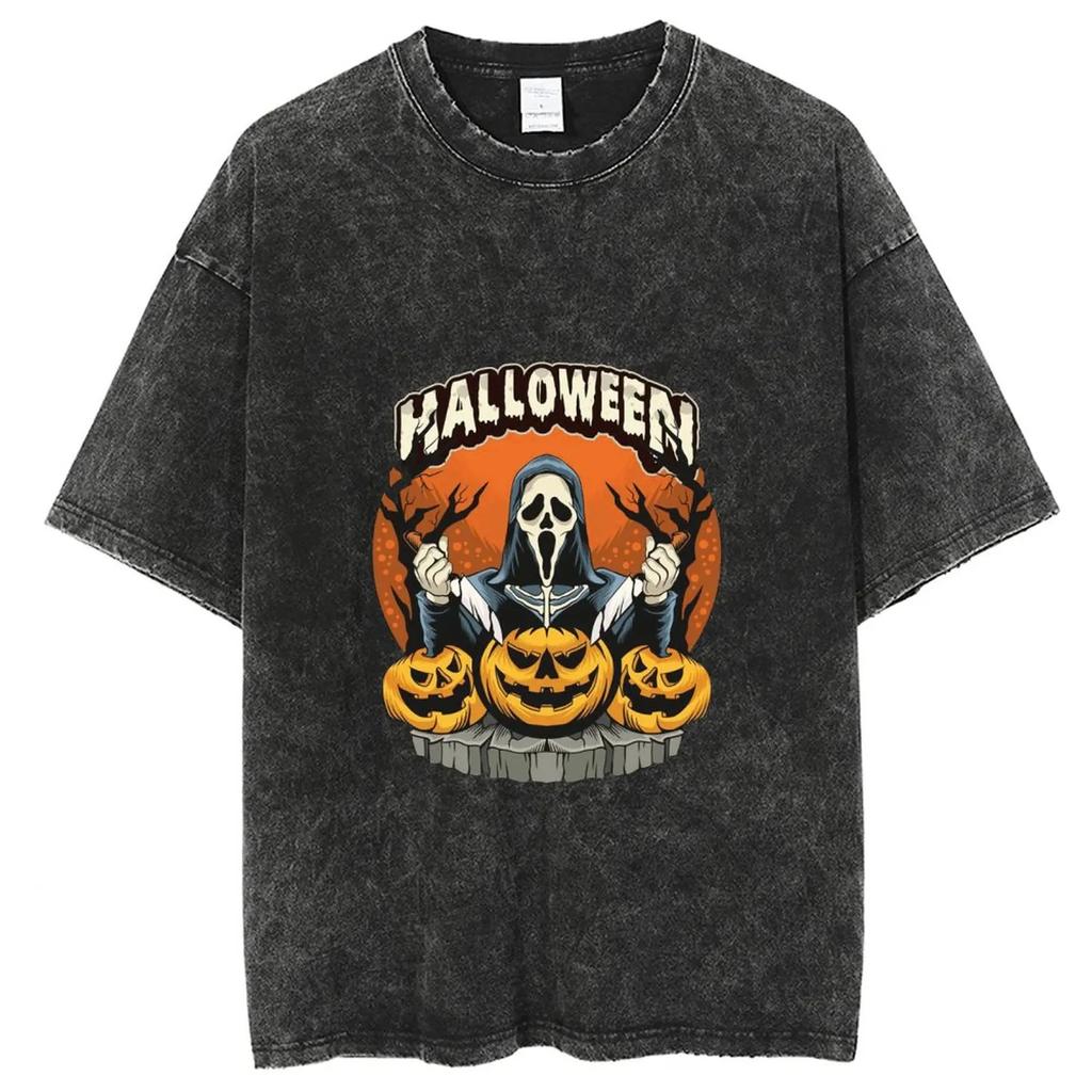 Harajuku Washed T Shirts Unisex, Halloween Skull Graphic T Shirt, Y2k Hip Hop T-shirt, Vintage Denim Shirts Oversized Tops Men