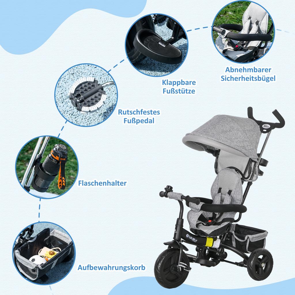 6-in-1 Children's Tricycle, Push Bar, Canopy, Harness, Storage Basket, 1-5 Years, Grey