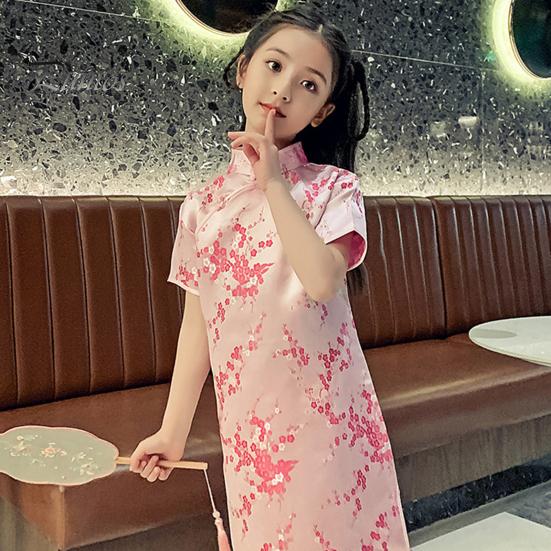 Платье Cheongsam для девочек, маленькое зимнее платье с цветочным рисунком и короткими рукавами, воротник-стойка на молнии, винтажное детское длинное платье миди Ципао в китайском стиле на Новый год, принцесса