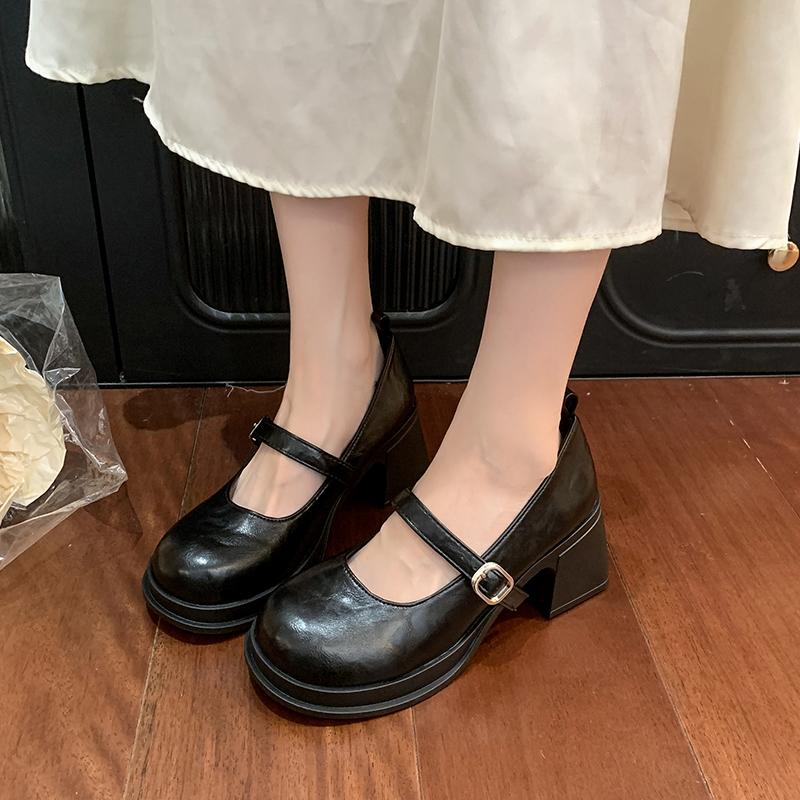Модные туфли Мэри Джейн на блочном каблуке, новинка осени, с круглым носком, мелким вырезом, ремешком, на платформе, нескользящие, износостойкие, на высоком каблуке
