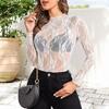 Women Tops Mock Collar Long Sleeve Slim Fit Blouses Sexy See-through Floral Embroidered