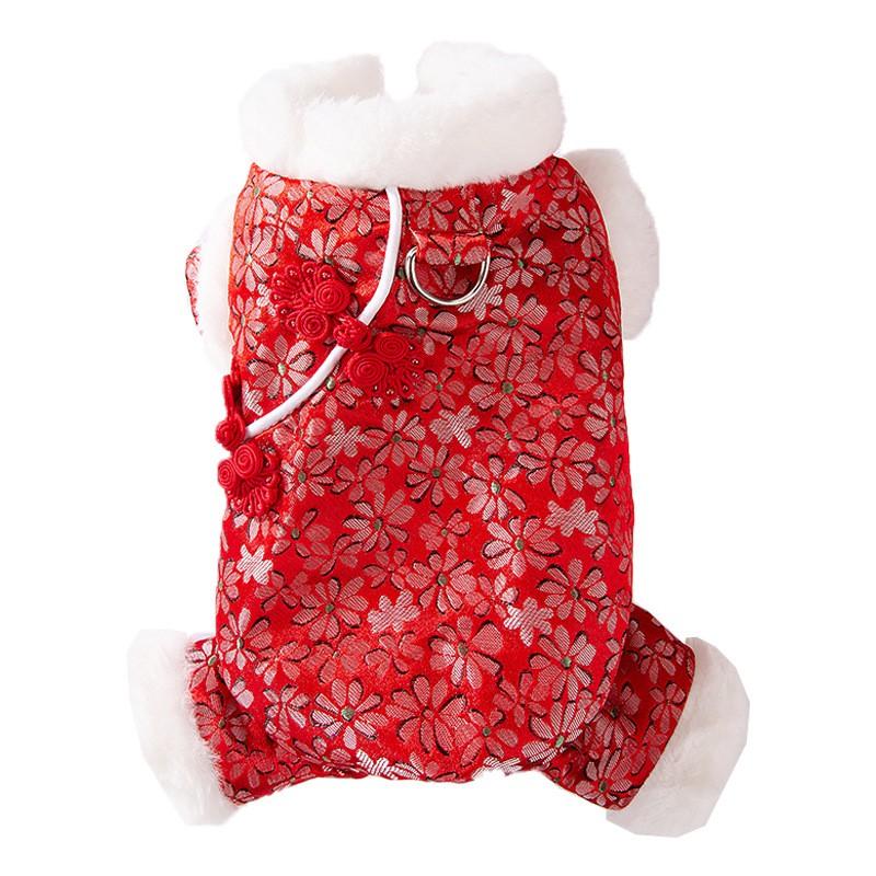 Red Bamboo Leaf Floral Print Cotton Dog Coat With Toggle Buttons Small Breeds Like Bichon Frise Teddy