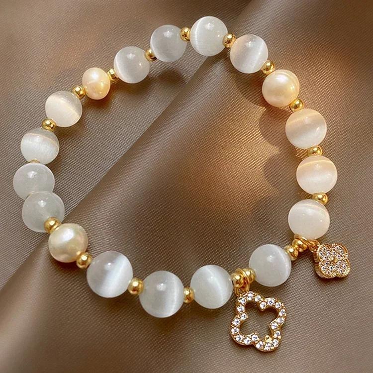Kirykle Natural Crystal Bracelet for Women White Opal Stone Pearl Fashion Lucky Four-leaf Clover Women's Jewelry Bangles Gift