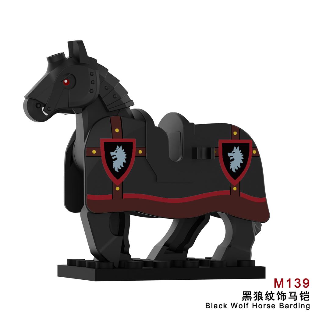 1pcs Medieval Horses Grey Bodies Blue Saddle Blankets White Horse Emblems Yellow Trims Building Block