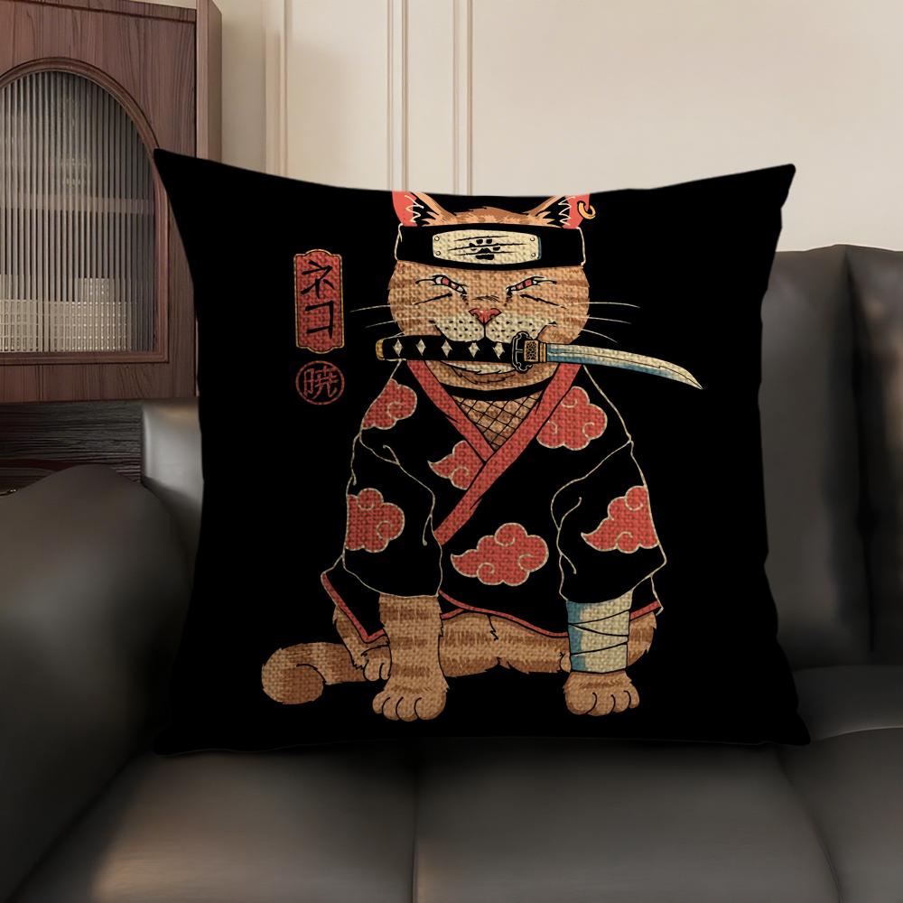 Japanese Style Samurai Cat Cushion Cover Natural Linen Organic Fabric DoubleSided Printing Sofa Home Decor Gift Pillow Case