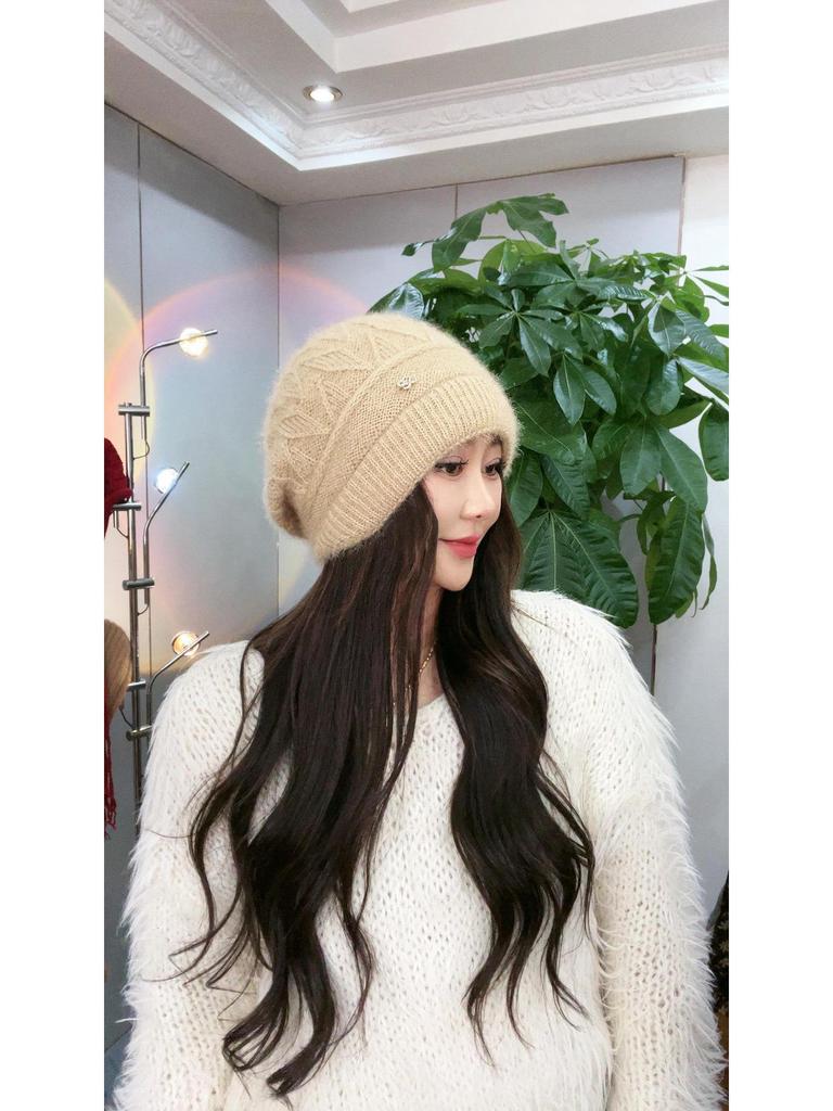 Двухслойная вязаная шерстяная шапка с большой окружностью головы и теплой подкладкой из толстого бархата