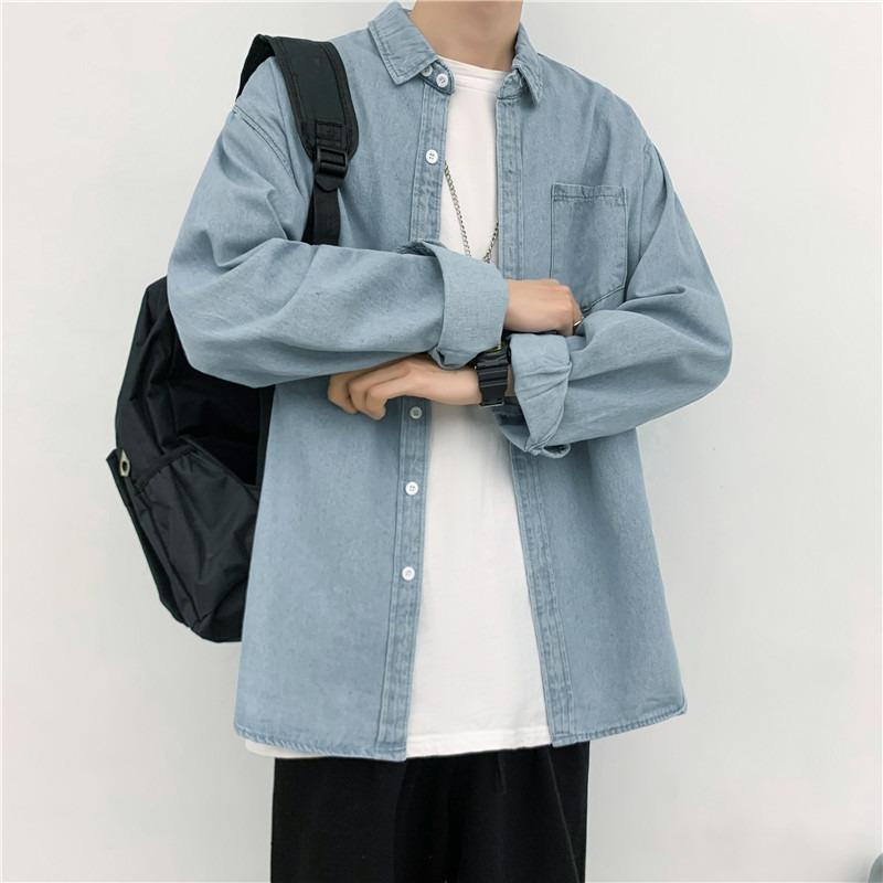 Men's Long Sleeve Harajuku Denim Shirt - Casual Hong Kong Style Loose Fit for Spring and Autumn.