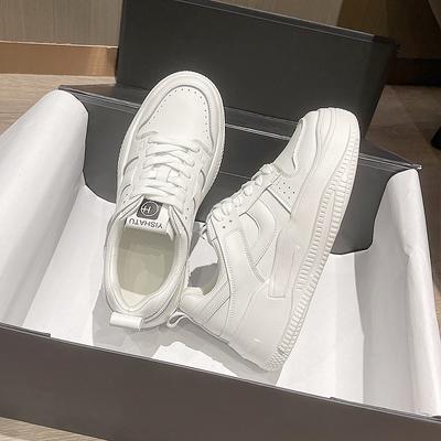 Кожаные маленькие белые туфли женские весенние на шнуровке с круглым носком на толстой подошве универсальные повседневные туфли кеды женские