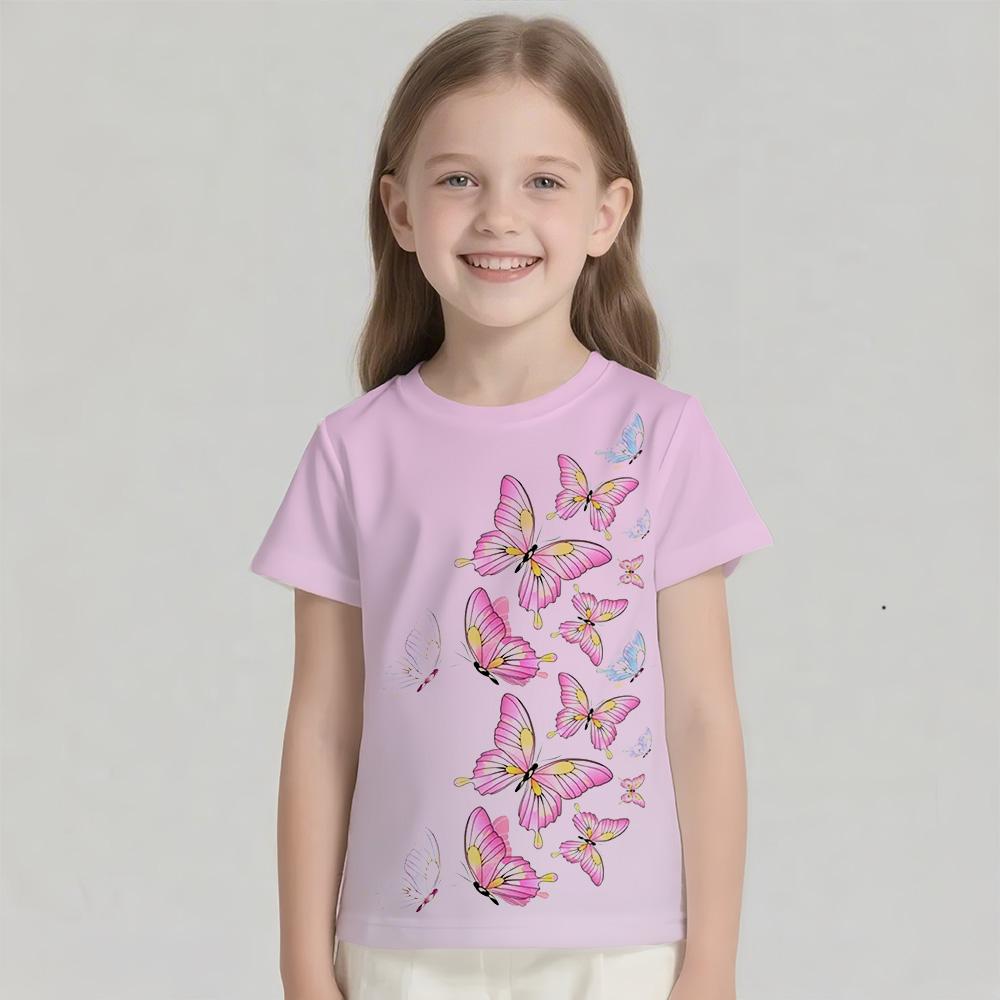 Kids T Shirt Short Sleeve Tee Gradient Butterfly Girls Clothes 5 to 6 Years Tops Tees Children's T-Shirt Round Neck Girl Blouse