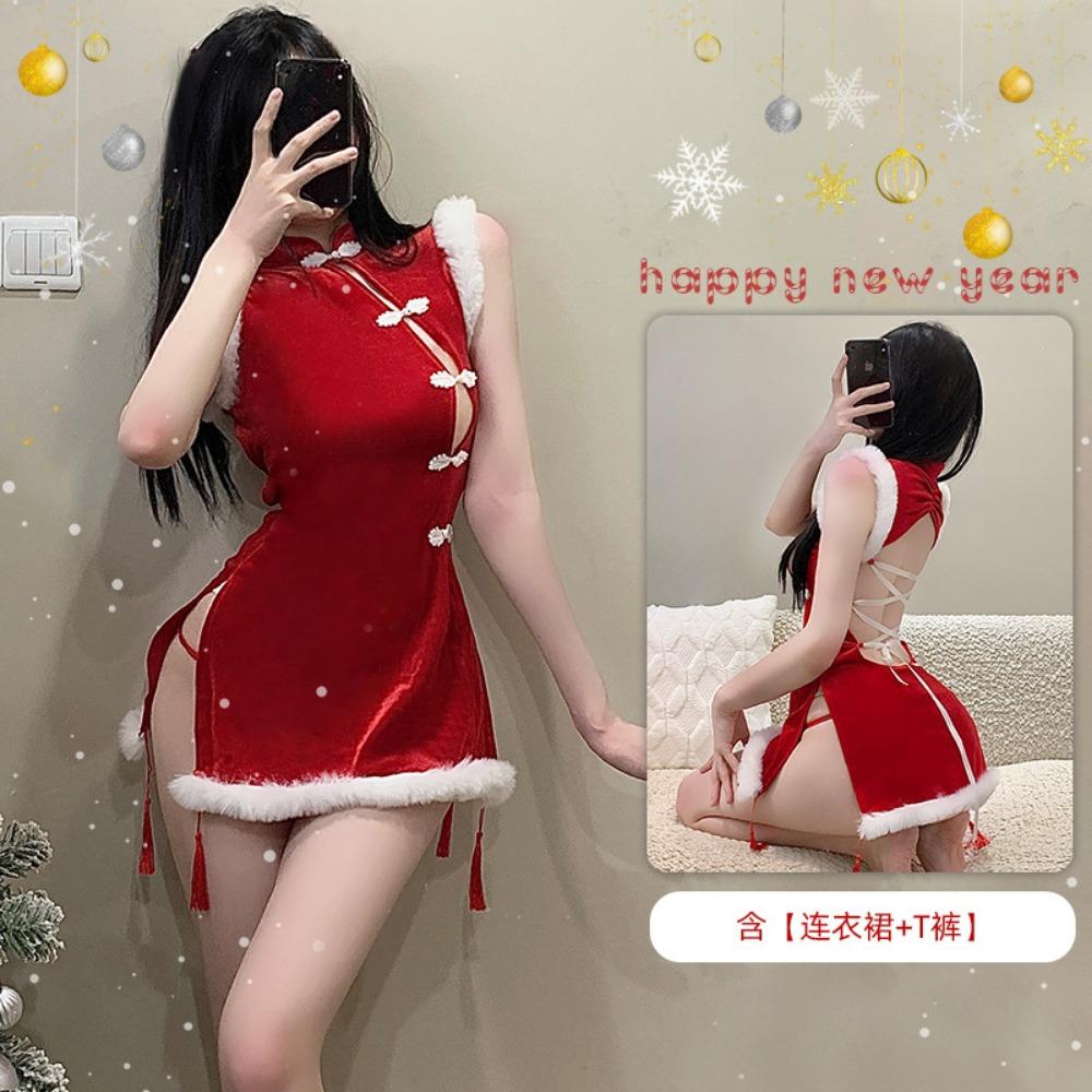 Эротическое нижнее белье Xianyi Pure Desire Рождественская форма Сексуальная страсть Бесплатная грудь Чеонгсам Новогодний халат S5