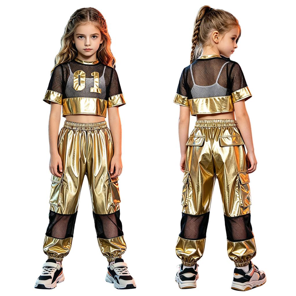 Kids Girls Hip Hop Jazz Dance Set Short Sleeve Number Graphic Hollow Out Mesh Crop Top with Shiny Cargo Pants for Stage Performance Competition