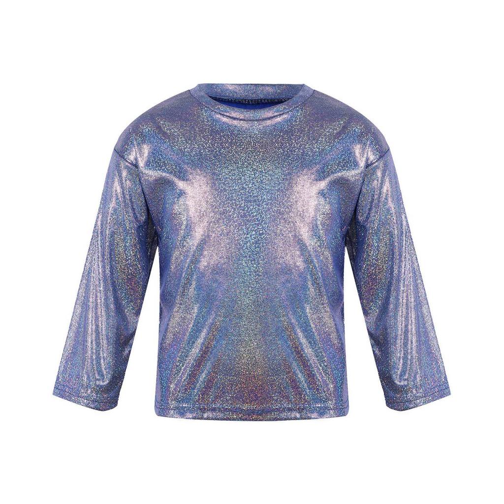 Unisex Kids Metallic Bronzing Cloth Tshirt Long Sleeve Loose Fit Round Neck Top for Parties Performances