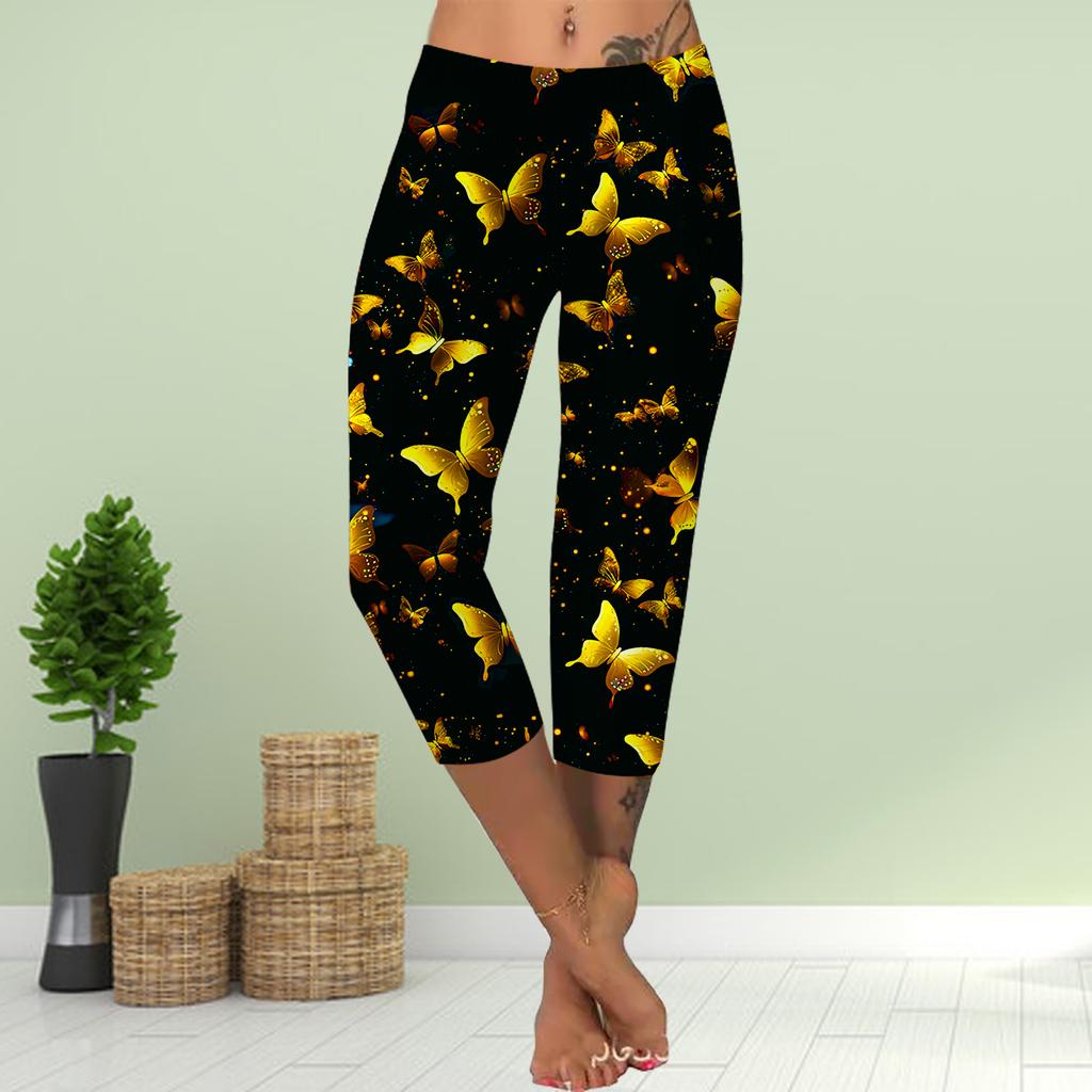 Брюки летние короткие леггинсы укороченные узкие брюки леггинсы больших размеров женские облегающие брюки с принтом 3D Golden Butterfly
