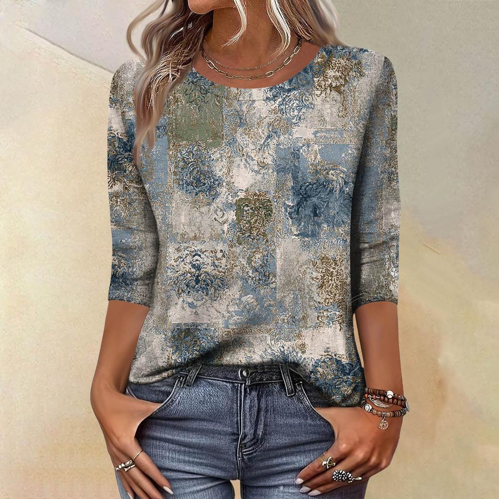 Trendy Vintage 3/4 Sleeve Top For Women ,Ladies Casual Three Quarter Sleeve Round Collar Printed T-Shirt Blouse