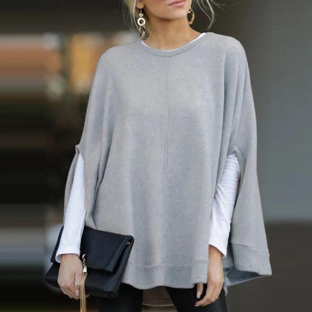 Women Fashion Solid Color Print Loose Hooded Sleeve Splitter Long Sleeve Top