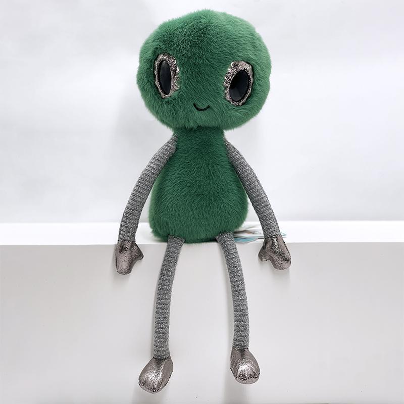 JC Space Plush Toys, Smiling Green Alien Figurine with Silver UFO, Soft Stuffed Alien Series Doll, Cute Sci-Fi Fan Gift