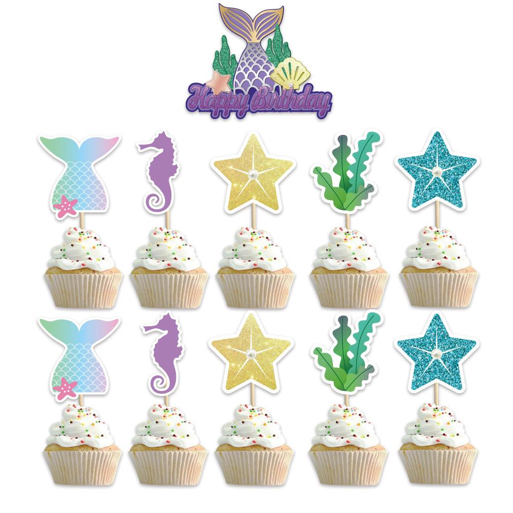 Little Mermaid Happy Birthday Cake Topper Mermaid Party Cupcake Toppers Girl Baby Shower Kids Birthday Party Wedding Decoration