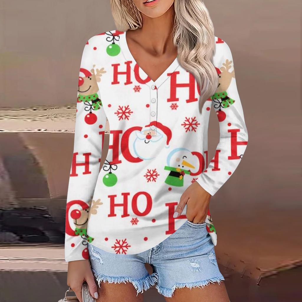Women's Casual Fashion Sexy Comfort Christmas Printed V-Neck Button Long Sleeve