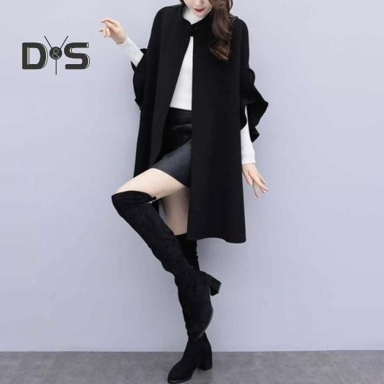 Женское зимнее пальто с рукавами-лепестками, воротником-стойкой, накидкой-трапецией, кардиганом средней длины с открытыми стежкам, шерстяным пальто для улицы, пончо